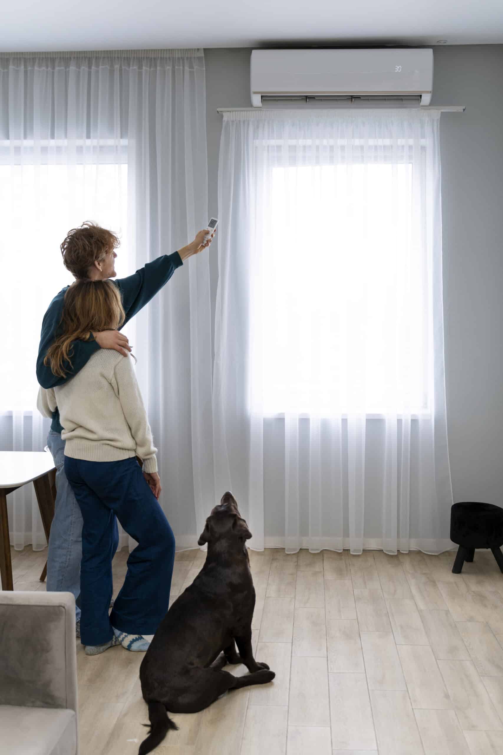 A couple stands in a bright room with light curtains, using a remote to operate an air conditioner, while a black dog sits on the floor—wondering why your house feels humid even with the AC on.