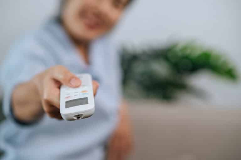 A person holding a remote control towards the camera, with their face out of focus and a green plant blurred in the background—perfect for illustrating “Is Your Air Conditioner Ready for Summer? 5 Warning Signs.”.