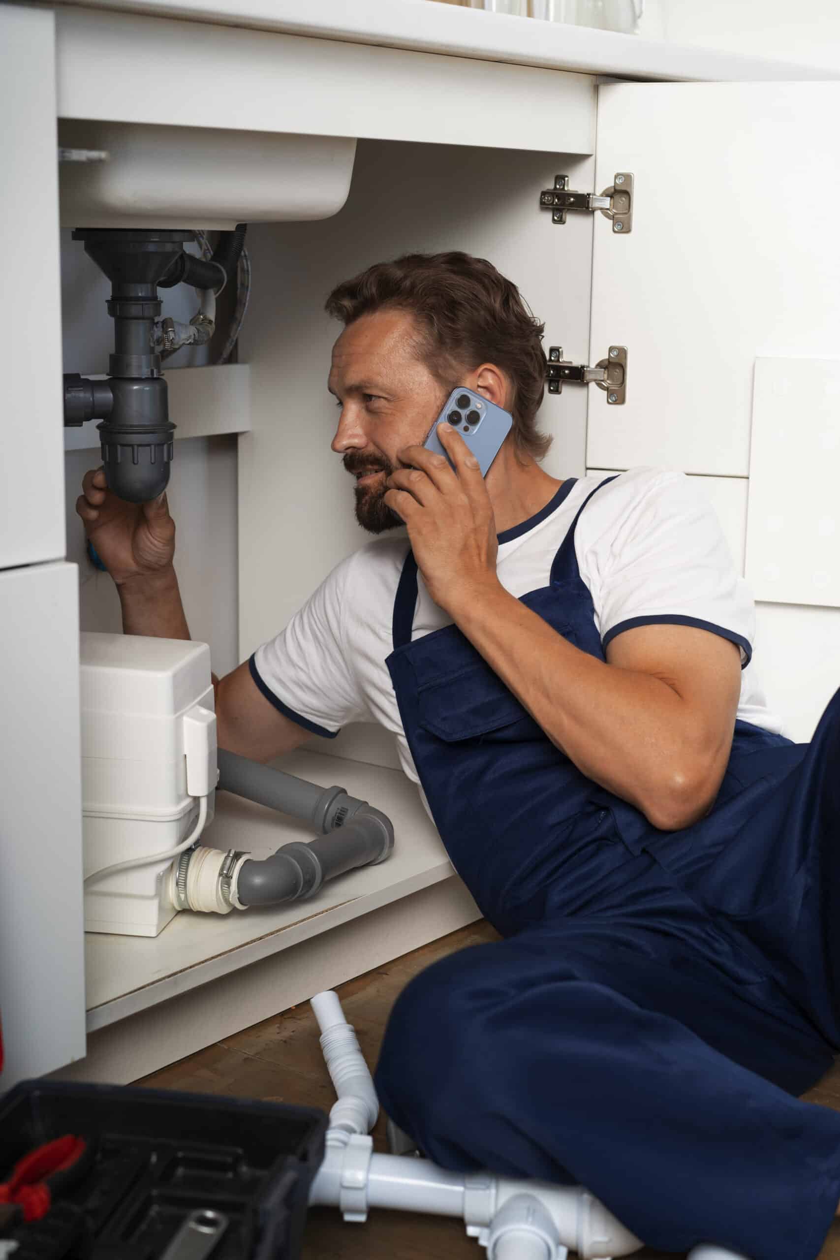A plumber in blue overalls examines pipes under a sink while discussing Professional Drain Cleaning and Sewer Repair in Bloomington on his smartphone. He is sitting on the floor with tools and plumbing parts scattered nearby.